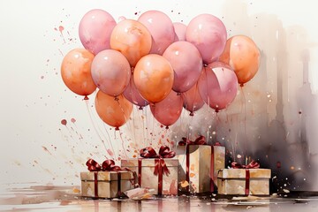 Wall Mural - Celebration background with pink white balloons, gifts and confetti