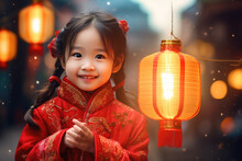 Chinese Girl Wearing Traditional Clothes Holding A Lantern On Lunar New Year