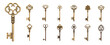 Ornamental medieval vintage keys with intricate forging isolated