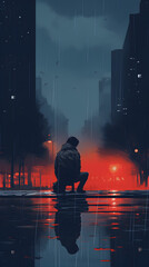 Canvas Print - Cyberpunk wallpaper of a silhouette man alone in the city