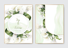 Luxury Wedding Invitation Card Background With White Calla Lily Art Flower And Watercolor Splashes
