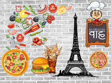 Fast Food Restaurant Pizza Burger Drink Eiffel Tower Mural Poster Brick Wall Background