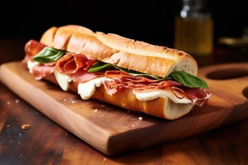 Poster - baguette sandwich with prosciutto, mozzarella, and basil