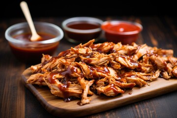 Wall Mural - contoured pulled chicken pieces under drizzle of bourbon bbq sauce