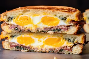 Canvas Print - a breakfast sandwich cut in half, revealing the filling