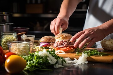 Poster - hand preparing a gourmet burger with various toppings