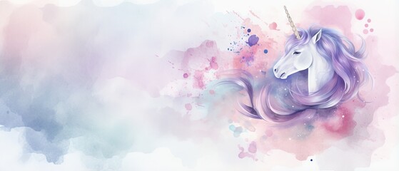 Wall Mural - Watercolor background with blue and violet rainbow and unicorn theme