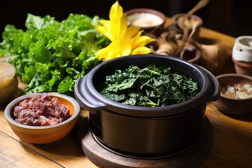 Wall Mural - landscape image with feijoada in a pot on a wooden table