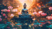Glowing Lotus Flowers And Gold Buddha Statue In Nature. Generative Ai