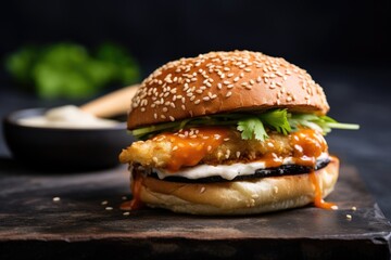 Canvas Print - fish sandwich with sesame bun on a dark stone slab