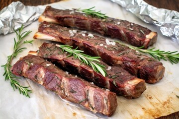 Wall Mural - grilled lamb ribs with herbs like rosemary and rounds of garlic on parchment paper