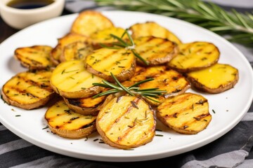 Poster - grilled potatoes garnished with rosemary on a white plate