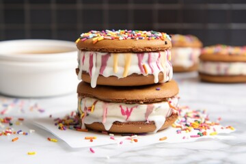 Poster - rainbow sprinkle-dipped ice cream sandwich melting on a marble countertop