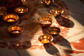 Canvas Print - diya lamps lit on a marble surface, casting shadows