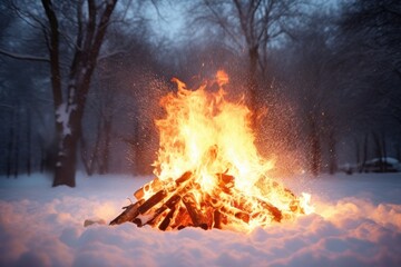 Wall Mural - roaring bonfire casting light on thick snowfall