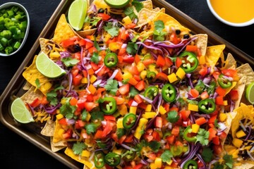 Poster - overhead shot of rainbow nachos with bell peppers and cheese