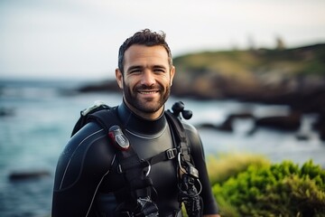 Wall Mural - Portrait of a happy male scuba diver looking at camera on the beach