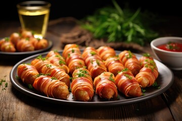 Wall Mural - a plate of cold pigs in blankets on a wooden table