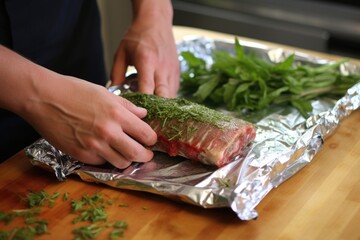 Poster - hand wrapping herb-marinated ribs in foil