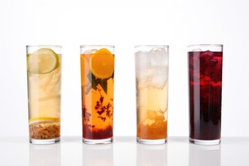 Wall Mural - iced-fruit tea combo in a row on a white backdrop