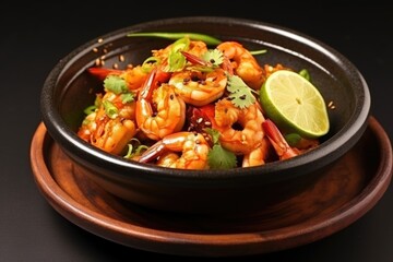 Sticker - shrimp with chili lime mix on dark ceramic dish