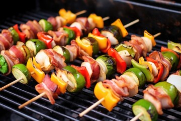 Wall Mural - close-up of skewers with brussels sprouts and bacon before grilling