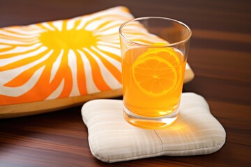 Poster - pillow imprint next to juice glass and orange halves