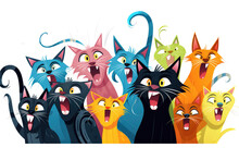 Abstract Illustration Of Funny Cartoon Cats Singing Songs And Screaming Meow