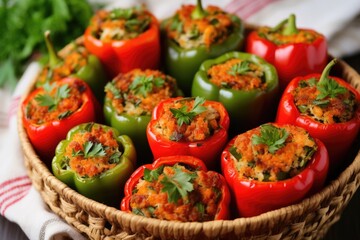 Sticker - red and green smoked stuffed peppers arranged in a basket