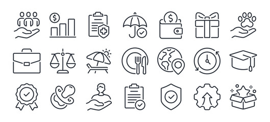 Employee benefit editable stroke outline icons set isolated on white background flat vector illustration. Pixel perfect. 64 x 64.