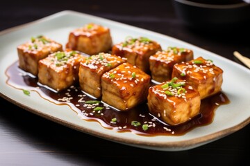 Sticker - square tofu steak pieces floating in teriyaki sauce