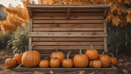 the pumpkins in a wooden box on a pumpkin patch farm fall autumn season.ai generated
