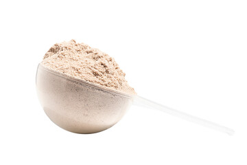 Canvas Print - Chocolate protein powder in measuring spoon isolated on transparent background