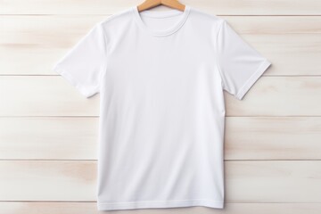 Wall Mural - Mock-up of a white fabric T-shirt on a wooden background
