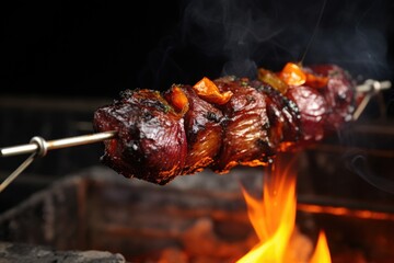 Wall Mural - beef brisket skewered on metal rod above flame