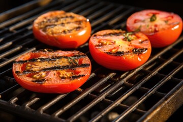 Wall Mural - grill grid with several ripe tomatoes showing darkened spots