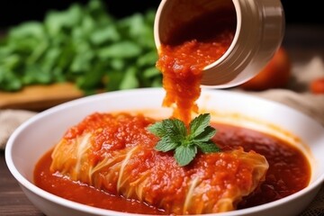 Poster - hand pouring tomato sauce onto freshly rolled cabbage