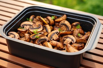 Canvas Print - closed grill container filled with grilling mushrooms