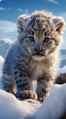 Wall Mural - snow leopard cub crawling across the snow (generative AI)