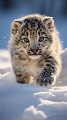Wall Mural - snow leopard cub crawling across the snow (generative AI)