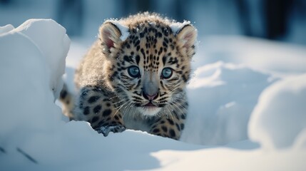 Wall Mural - snow leopard cub crawling across the snow (generative AI)