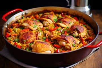 Poster - hearty chicken thighs resting in a paella dish