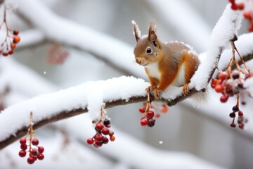 Sticker - a squirrel on a snow-covered tree branch