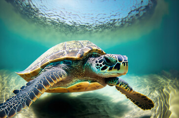 Canvas Print - Turtle swimming in sea. Turtle under water.