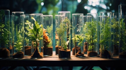 Many green plants in test tubes.