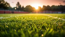 soccer field with grass and sunset.