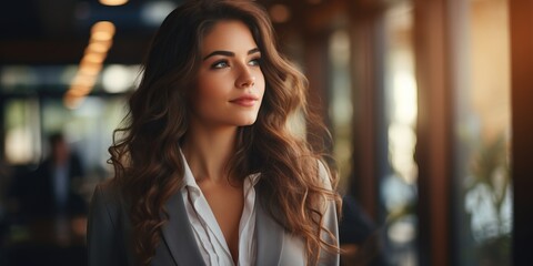 Wall Mural - Portrait of a beautiful young brunette woman with long wavy hair. Bussiness Concept.