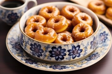 Poster - mini donuts served in a ceramic dish with a floral pattern