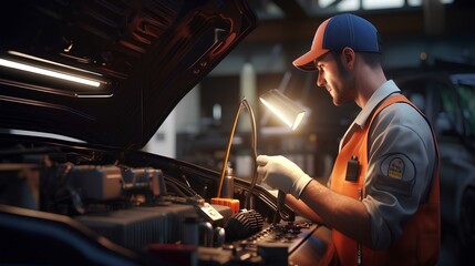 Wall Mural - Muscular man car service worker repairing vehicle ai generated