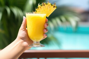 Poster - hand holding a refreshing glass of pineapple juice on a hot summer day